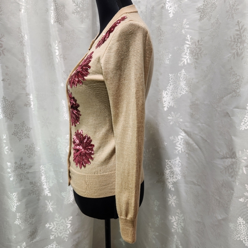 J CREW Fine Knit Merino Wool Jackie Sweater Cardigan with Rose Sequins (S) - Picture 4 of 12